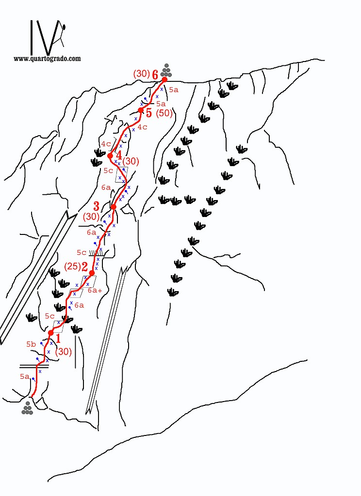 MONTE CASTELLO_Sole e metallo_schizzo.jpg - La chiodatura particolarmente ravvicinata nei punti più difficili la rende accessibile a molti.